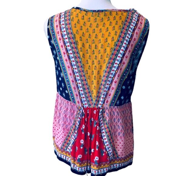 PATRONS OF PEACE PAISLEY PATCHWORK SHORT SLEEVE TUNIC TANK WITH TUSSLES - Picture 3 of 9